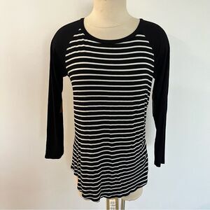 A.gain Black & White Striped Long Sleeve Shirt with Brown Elbow Patches